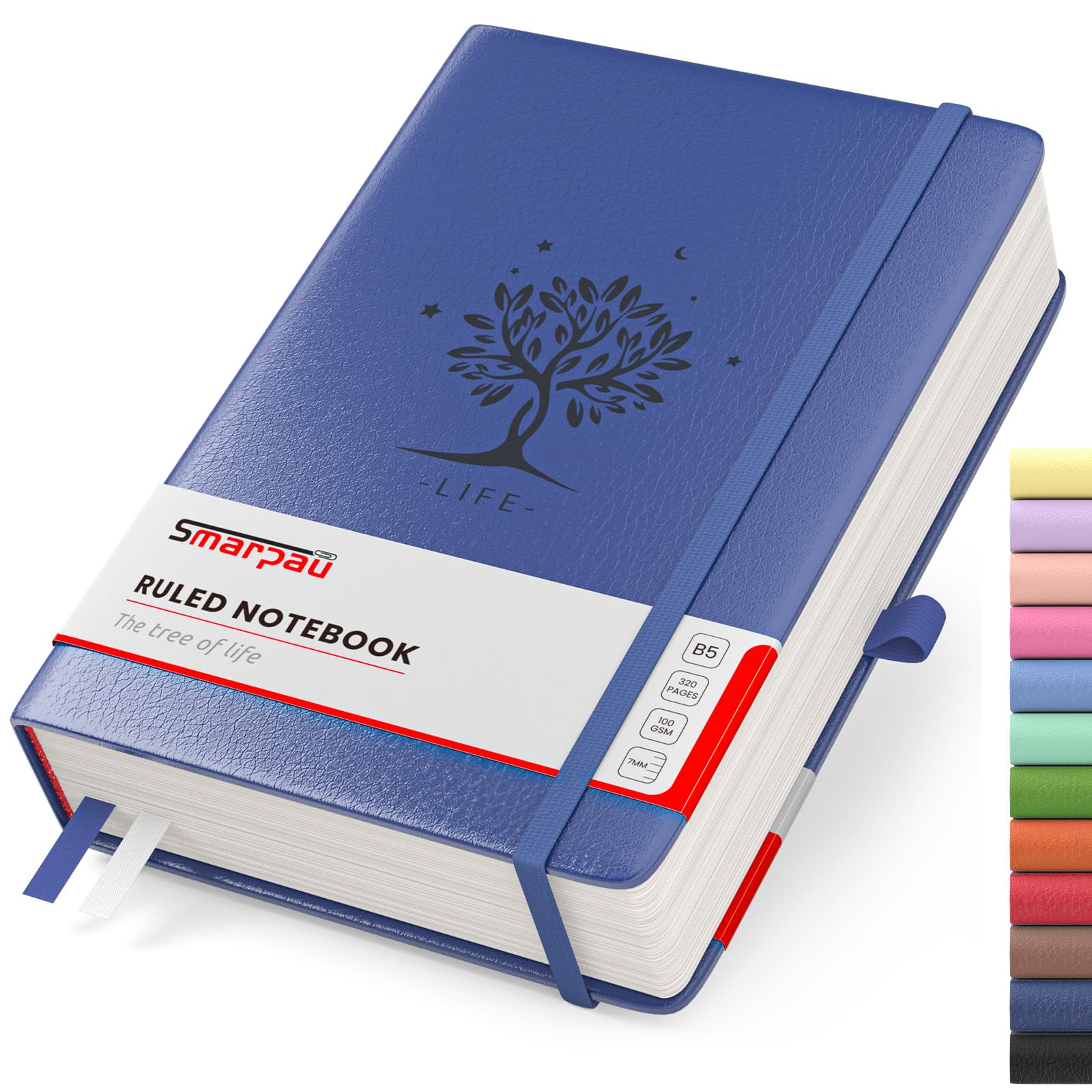 Smarpau Lined Journal Notebook B5, Large Composition Notebooks 320 Pages with Sticky Notes, 100gsm Thick Paper Hardcover Leather Journal for Women Men Work School Office Writing, 19 x 25 cm - Blue