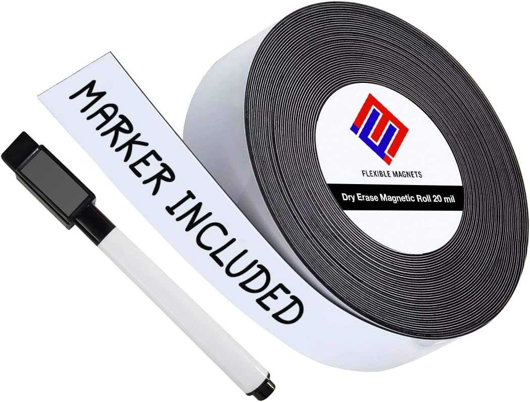Dry Erase Magnetic Strips - Roll of Writable Whiteboard Magnets - Writable Flexible Magnet - Name Plates - Magnetic Labels- Dry Erase Name Tags - Marker Included (2 Inch x 50 Feet)