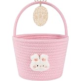 OIAHOMY Gift Basket with Handle, Personalized Baby Basket for Kids, Woven Rope Gift Empty for Toys, Baby Treasure Hunt Baskets with Wooden Card for Boys and Girls - Pink
