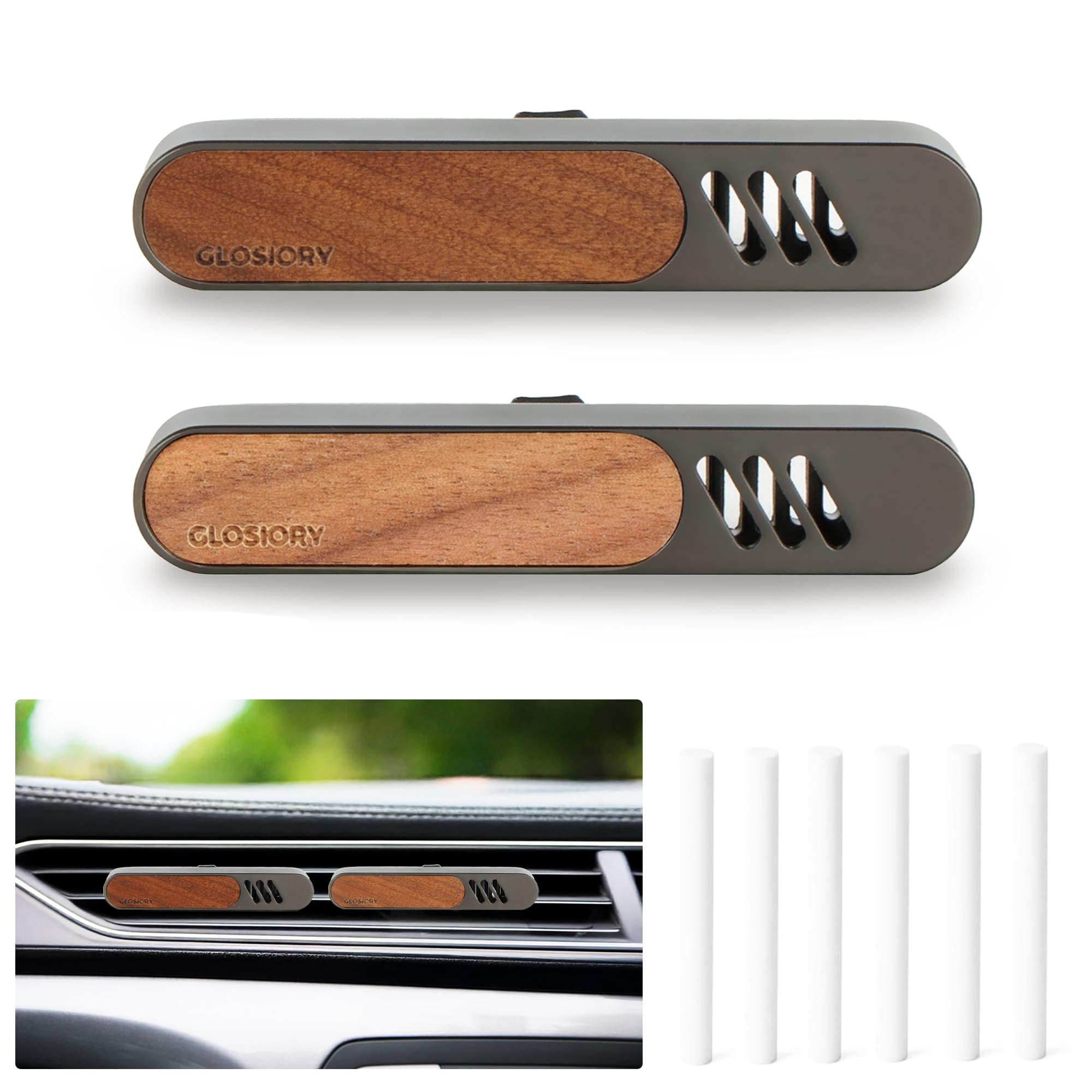 Photo 1 of 2 Packs Car Air Freshener Diffuser, Essential Oil Diffusers Vent Clip, Perfume Diffuser with 6 Refill Unscent Fiber Sticks, Premium Car Accessories, Metal & Wood design, Custom Scent, Gift For Men