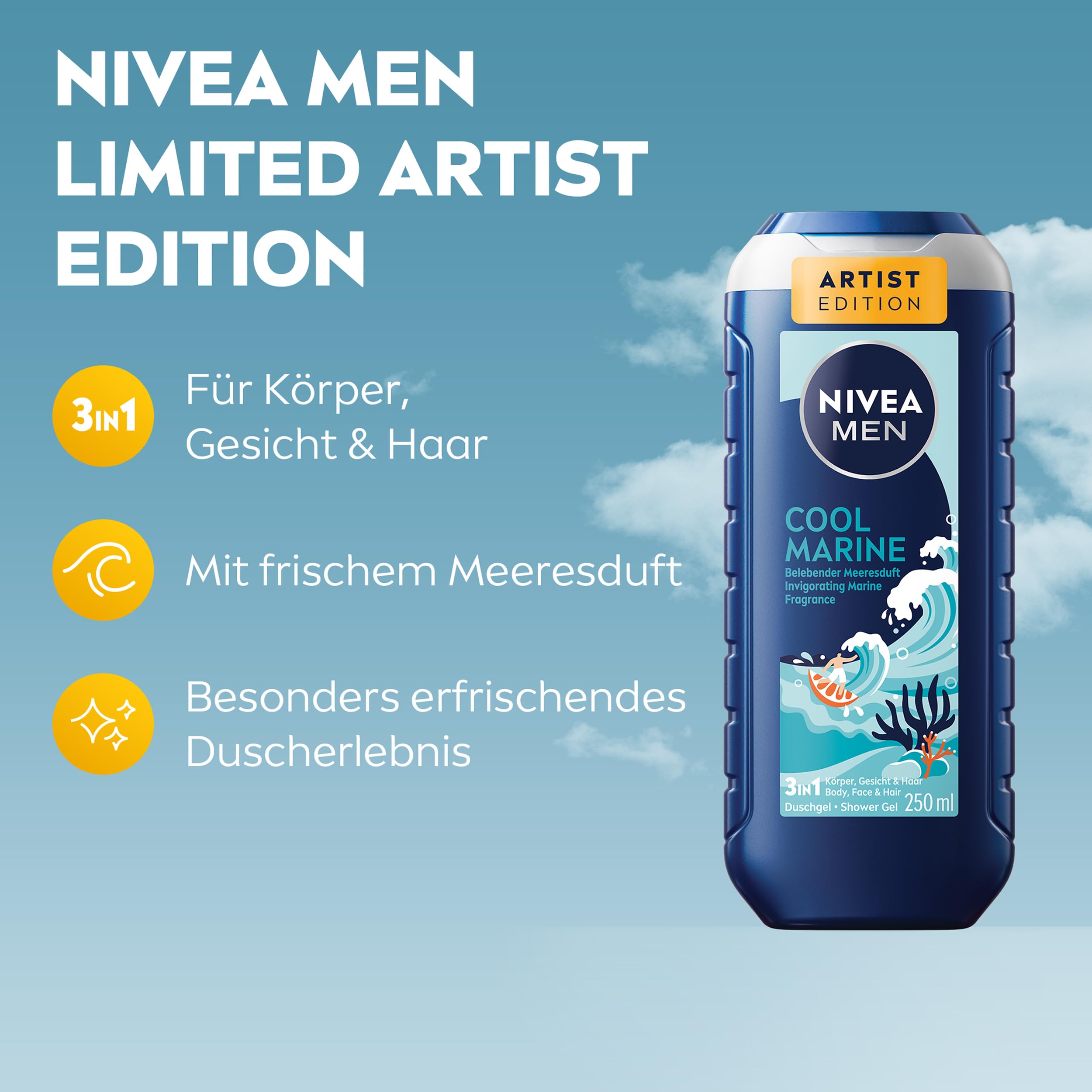 NIVEA MEN Cool Marine Artist Edition Duschgel, erfrischende Pflegedusche mit belebenden Meeresduft, 3in1 Duschgel für Körper, Gesicht und Haare (250 ml) 2
