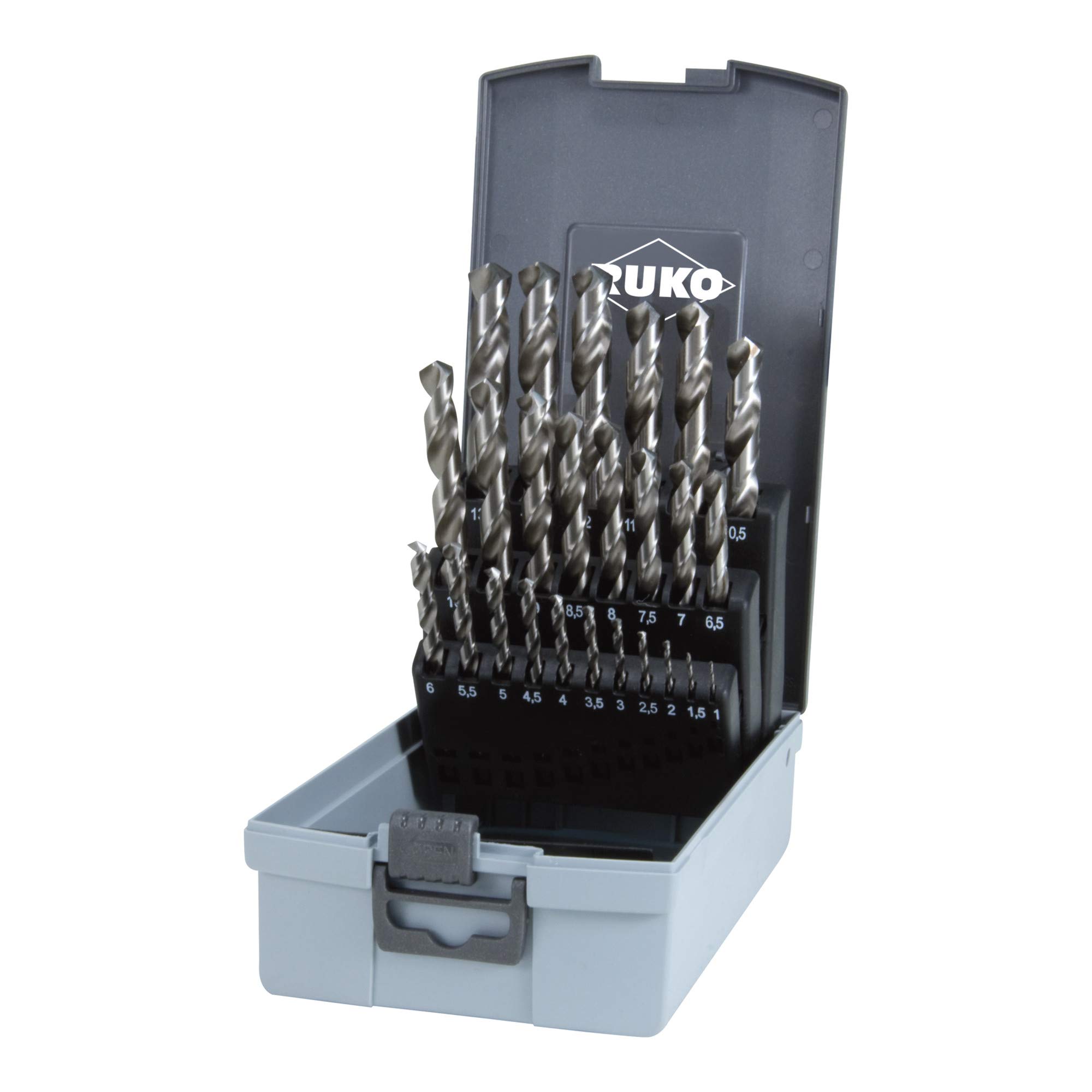RUKO HSS-G Twist Drill Bit Set in Plastic Case, DIN 338, Type N, Bright Finish, 25 Pieces, R214215RO