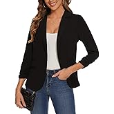 LADI TREND Women's Casual Single Button Front Blazer Ruched 3/4 Sleeve Notched Lapel Office Lightweight Blazers with Pockets