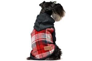 Fitwarm Tartan Plaid Dog Hoodie, Knitted Dog Clothes for Small Dogs Boy, Pet Sweater with Hood, Cat Fleece Lined Winter Outfit, Red, Navy Blue, Medium