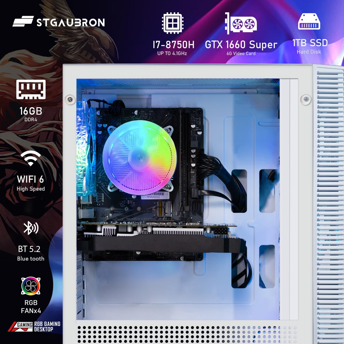 STGAubron Gaming PC Computer Desktop, GeForce GTX 1660 Super 6G, Intel Core i7 8th Gen up to 4.1GHz, 16G DDR4, 1T SSD, WiFi 6 & BT 5.2, RGB Fan x4, Windows 11 Home
