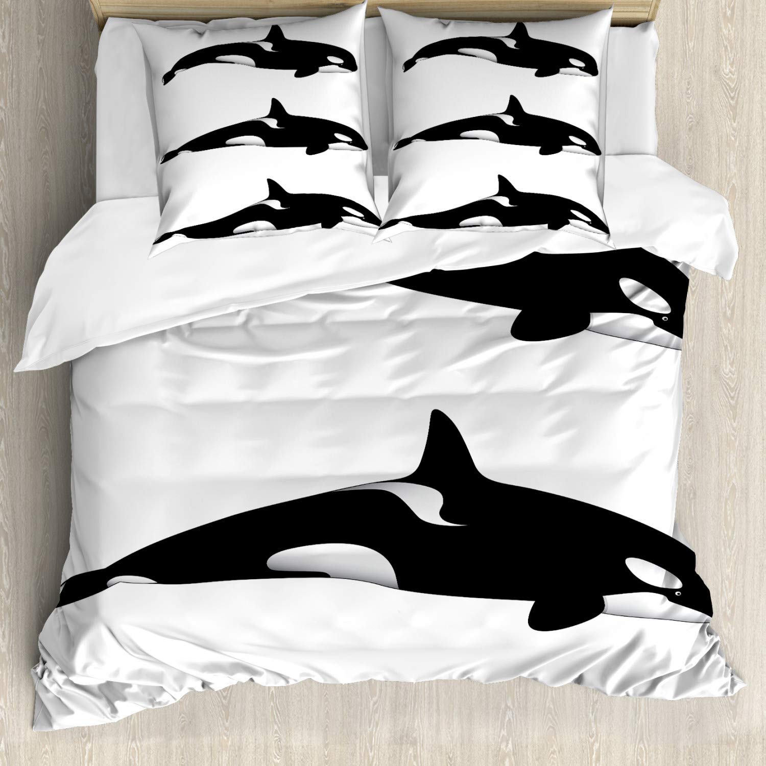 ABAKUHAUS Sea Animals Duvet Cover Set, 3 Orca Killer Whales in Different Illustration Black and White Style, Bedding Set 3 Pieces with 2 Pillow Shams, 155 cm x 220 cm, White Black — image 1