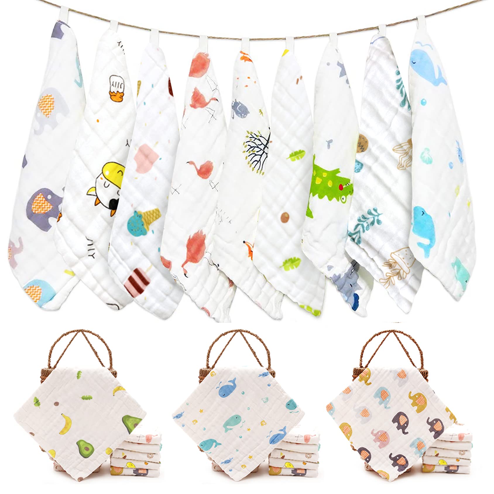 ALBOYI 9 Pack Baby Muslin Cloths, 6-Layer Soft and Absorbent Cotton Muslin Squares, Reusable Baby Face Towels & Newborn Hand Washcloths, 9.84 x 9.84 Inch Breathable Baby Cloths for Baby Boys and Girls