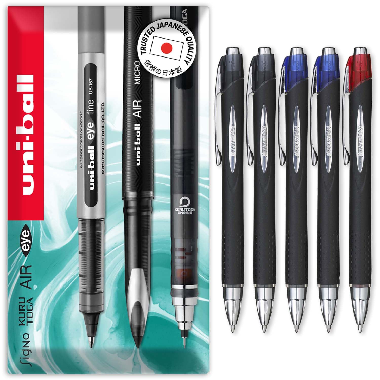 uni-ball Jetstream Retractable Rollerball Pens - SXN-210 RT - 1.0mm Nib - In Envelope Gift Packaging (Pack of 5, Multicolor)