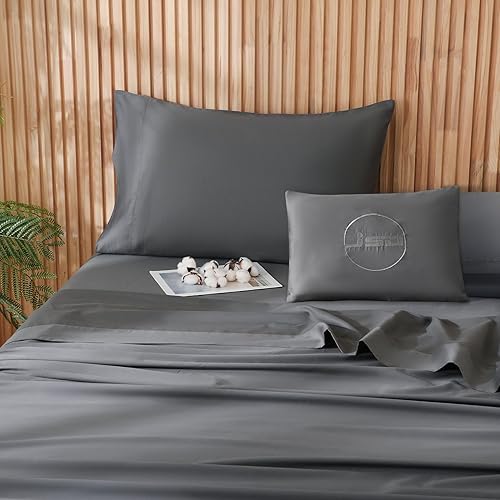 JSD 100% Cotton Sheet Set Queen, 300 Thread Count Dark Gray Sateen Sheets, Soft Breathable Cooling Sheets Deep Pocket