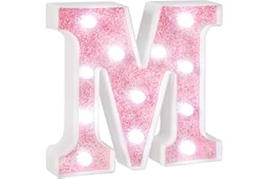 EUFONY LED Pink Glitter Marquee Light Up Letter M, Cool White Lights Alphabet Letters for Girls' Bedroom, Wall & Table Decor, Battery-Powered Letter Sign for Birthday Party, Wedding, Room Decorations