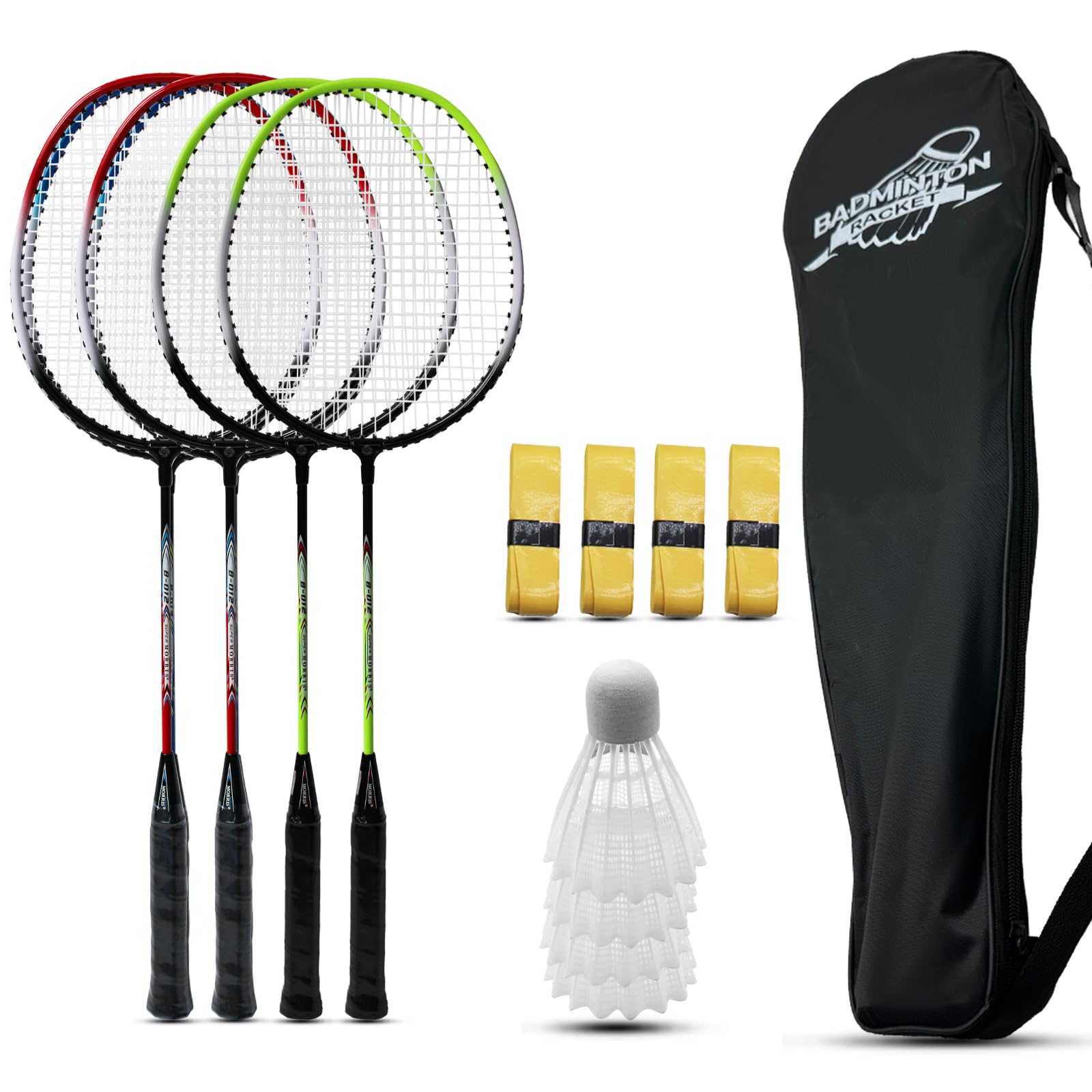 Magicorange Badminton Rackets Set of 4 for Outdoor Backyard Games, Including 4 Racquets,4 Shuttlecocks, 4 Replacement Grip Tapes & 1 Carry Bag (Red+Green)