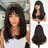 FESHFEN Long Wigs with Bangs, Synthetic Natural Looking Layered Straight Hair Wig for Women Daily Party Use 18 inch, Brown