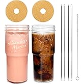 ANOTION Glass Cups with Lids and Straws 2 Packs, 24oz Travel Coffee Mug Wide Mouth Bamboo Mason Jar Iced Coffee Cup Smoothie Cup Glass Tumbler Tea Cup Clear Cute Water Cups Drinking Jars Glasses