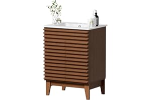 APRILSOUL 24" Bathroom Vanity with Ceramic Sink, Mid-Century Bathroom Vanity Cabinet with 2 Soft Closing Doors, Freestanding Bathroom Vanity, Particleboard Frame with Wood Grain Laminate, Walnut