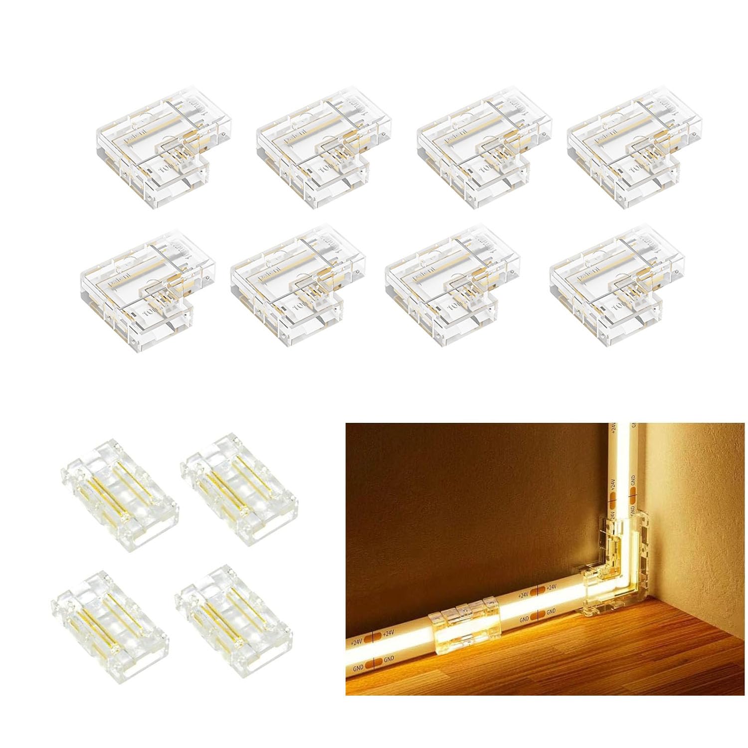 SHAOYAYAZHANG 8 x COB LED Strip Light Corner Connectors, 4 x Gapless Solderless Transparent Tape Light Connector for 3 Pin 10 mm 12 V 24 V COB LED Strip Lights