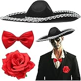JenPen 3 Pcs Halloween Day of the Dead Mariachi Senor Adult Costume Accessory Silver Trim Black Sombrero, Bow Tie, Rose Decor