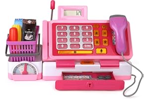 PLAYKIDIZ Playkidz Interactive Toy Cash Register - Pink for Girls & Boys - Sounds & Early Learning Play Includes Play Money Handheld Real Scanner Working Scale & Calculator, Live Microphone & Play Food