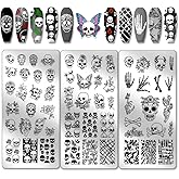 PH PandaHall 3pcs Gothic Skull Nail Stamper, 58 Patterns Horror Skeleton Flower Nail Stamping Plate Nail Art Stencils Stainless Steel Nail Image Plates for Nail Design Print Manicure Salon Halloween