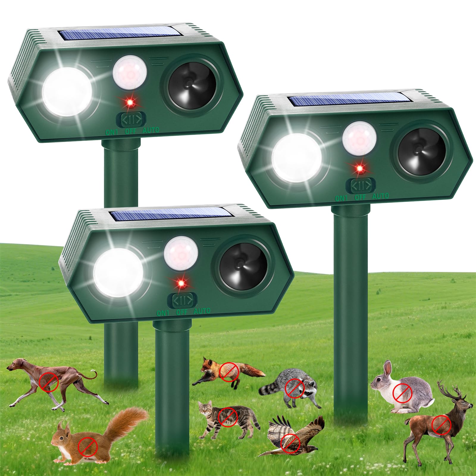 Photo 1 of Solar Ultrasonic Animal Repellent Outdoor, Deer Repellent Devices, Waterproof Cat Rabbit Repeller with Motion Detection Flash Light to Deterrent Squirrel Dog Skunk Raccoon for Garden Yard Farm(3Pack)