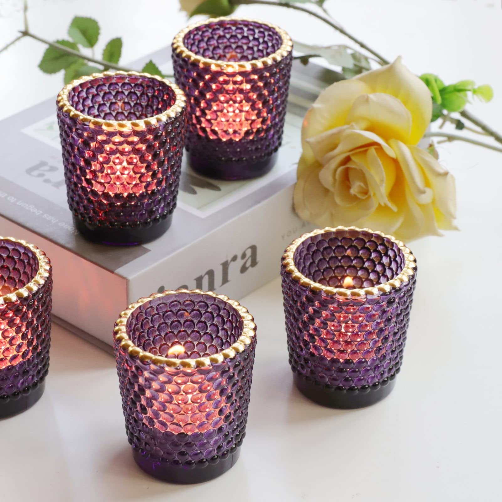 Vohocandle Purple Tea Light Candle Holders with Gold Rim, Halloween Tealight Holders Set of 12, Vintage Tea Light Holders with Honeycomb Pattern for Room Decor and Parties (5.5 cm D x 6 cm H)