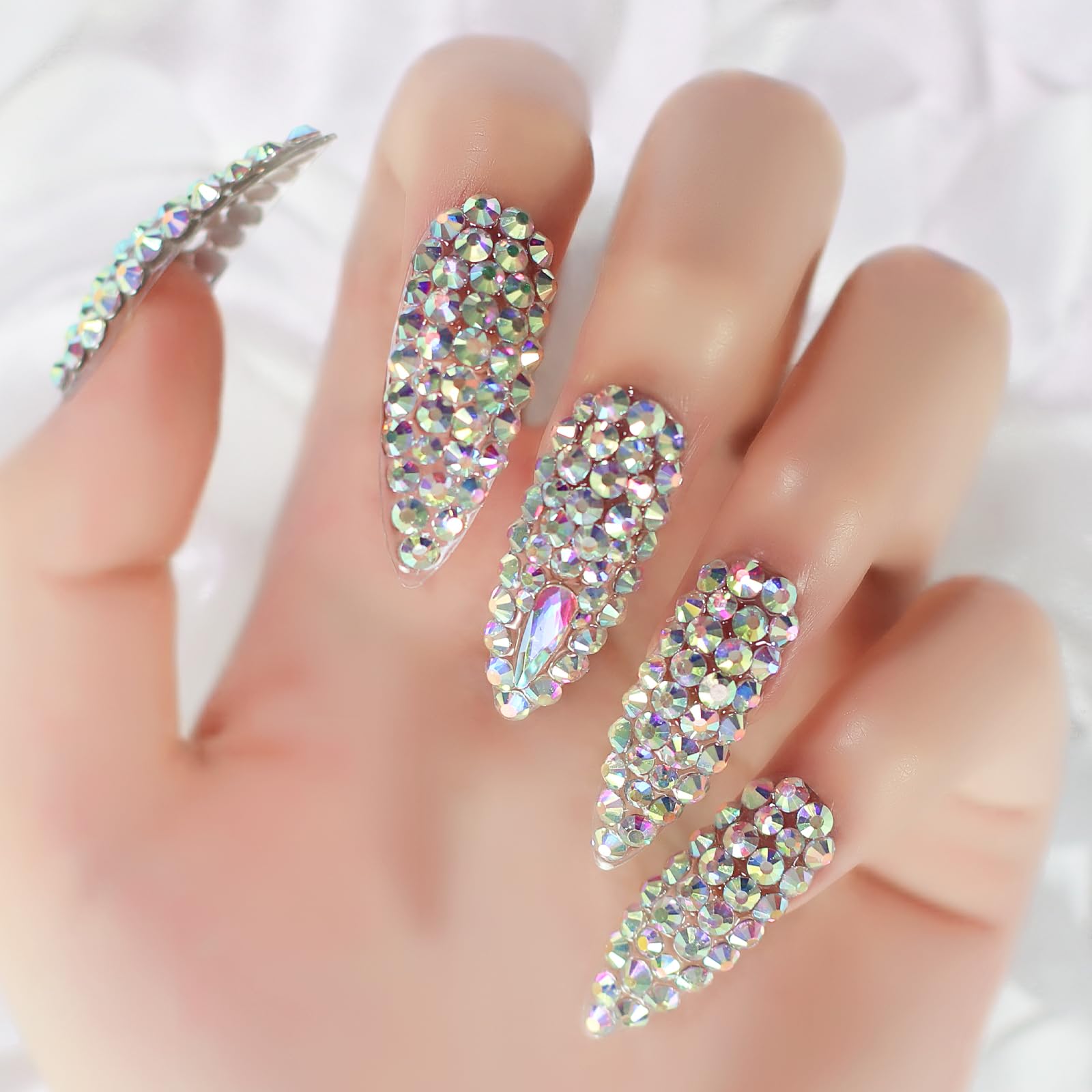 Elevenail Handmade Press on Nails Full Cover Luxurious 3D Crystal False Nails Super Extra Long Stiletto Diamonds Art Decoration Fake Nails Manicure Kit Nail Art Tips Gift for Women Girls Wedding Party - Image 6