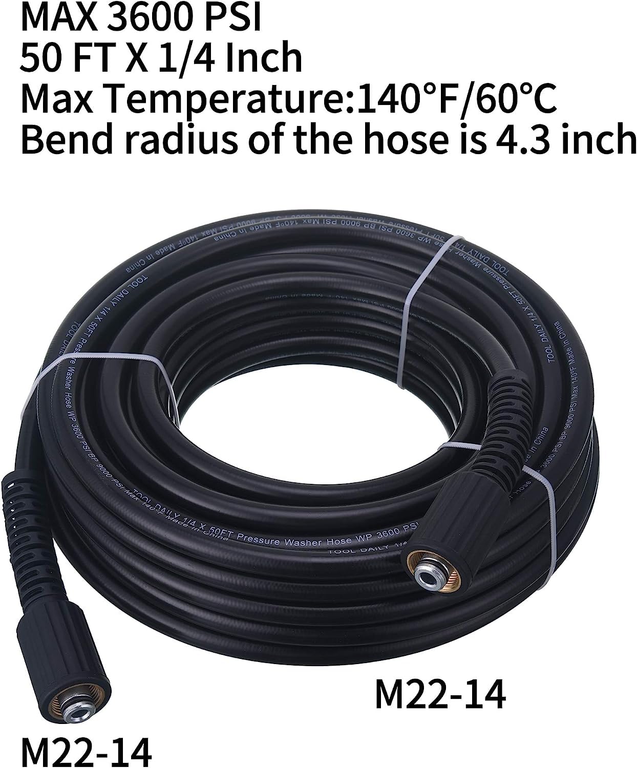 Tool Daily High Pressure Washer Hose 50 FT X 1/4 Inch, 3600 PSI, M22 14mm, Replacement Power Washer Hose for Most Brands