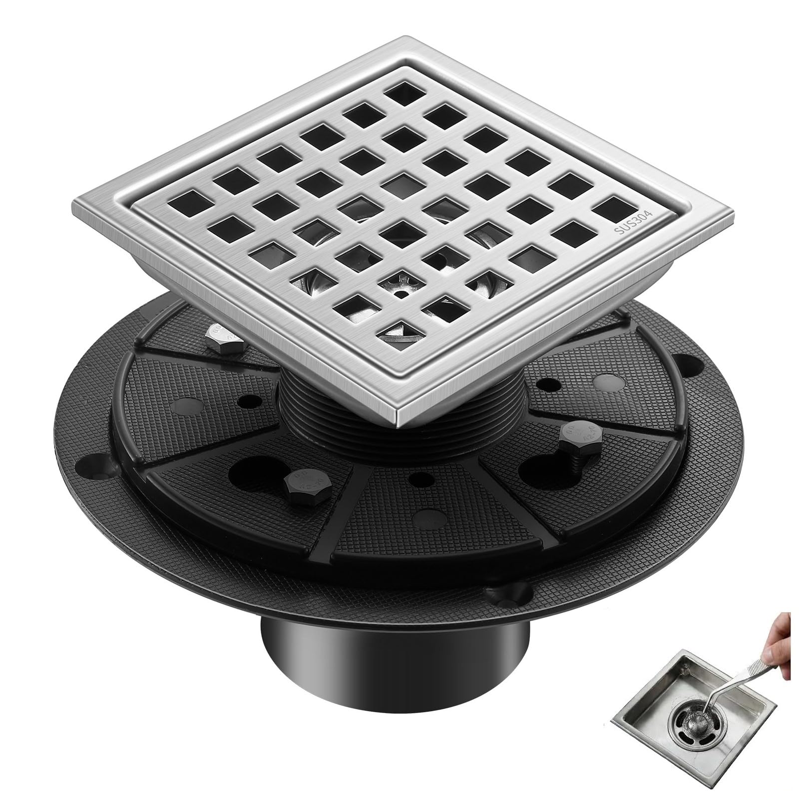 Photo 1 of Ceruleanix 4 Inch Square Shower Floor Drain, Brushed Nickel SUS304 Steel, Removable Hair Catcher Grate with ABS Flange, High Flow Anti-Clog & Odor Prevention, Includes Cleaning Tweezer