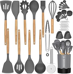 Silicone Cooking Utensil Set, 26 Pcs Kitchen Utensils Cooking Utensils Set by Fungun, Non-stick Heat Resistant Kitchen Gadgets Cookware with Natural Wooden Handle -(Gray)