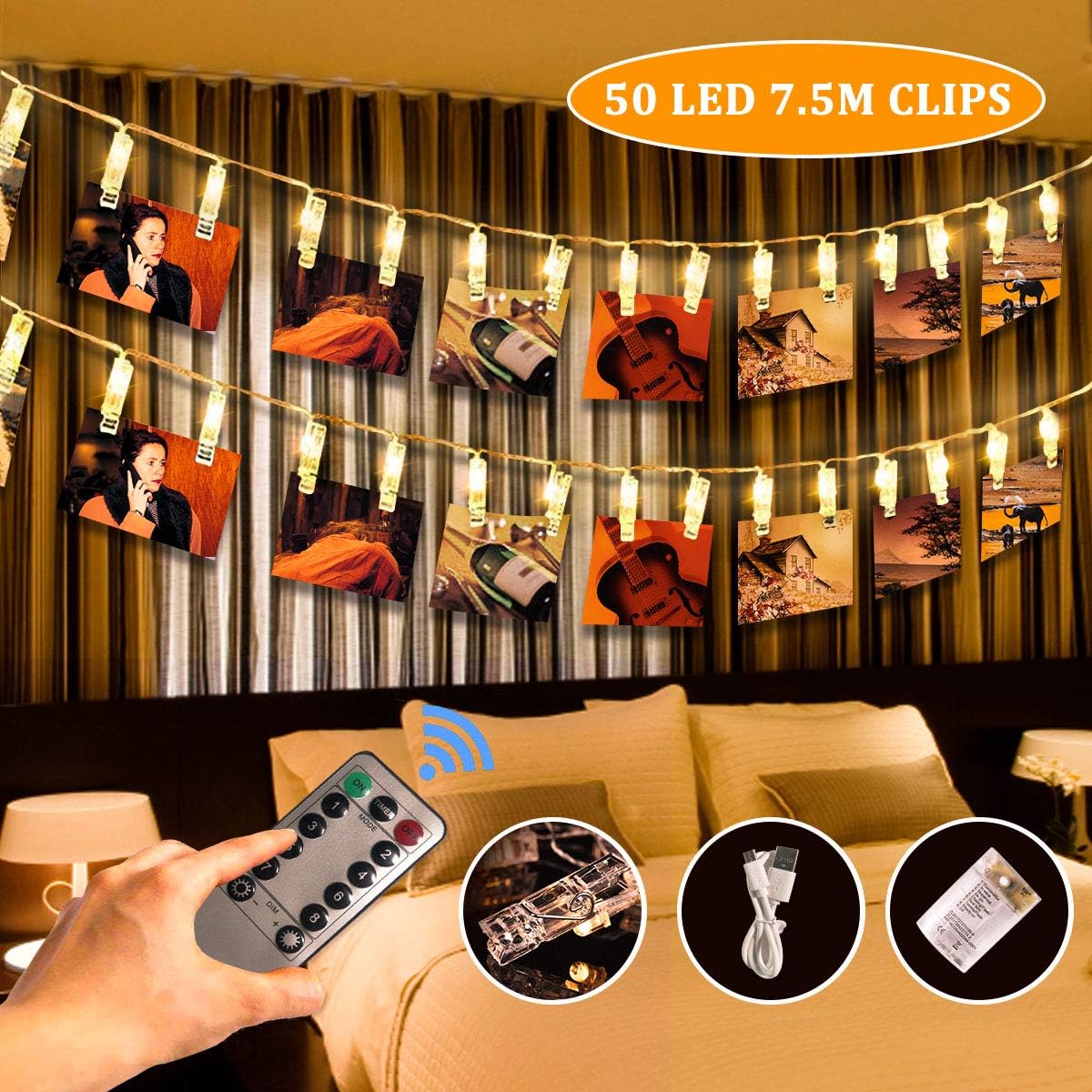 LED Photo Clip String Lights,SanGlory USB Powered 50 Photo Peg Lights Warm White,7.5M Picture Lights Battery Operated 8 Modes Photo Hanging Fairy Lights for Pictures Notes Artwork[Remote&Timer] [Energy Class A+]