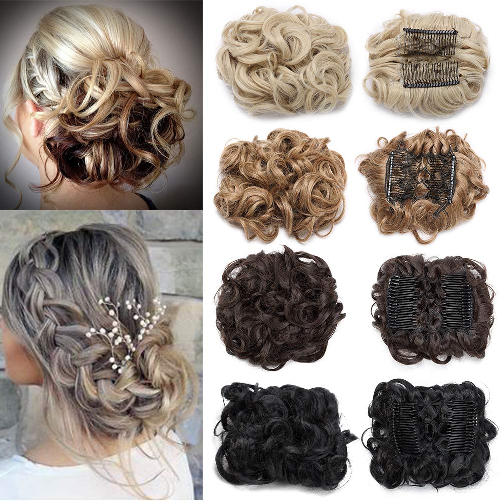 Silk-co Combs Hairpieces Hair Bun Scrunchy Scrunchie Updo Clip in Chignon Short Messy Curly Wavy Hair Extensions Balayage # Light Brown & Ash Blonde
