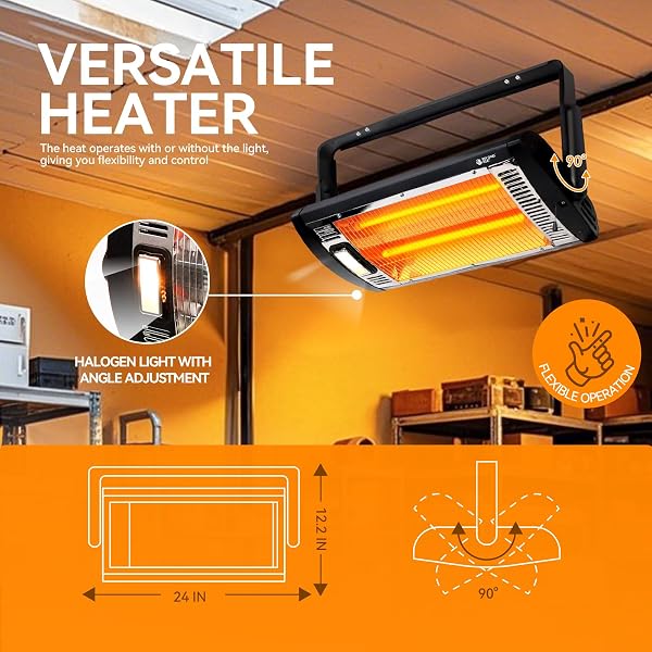 BEYOND HEAT ELECTRIC GARAGE HEATER 120V, 750/1500W CEILING MOUNT SPACE HEATER FOR GARAGE, SHOP, PATIO WITH 90° ADJUSTABLE TILT, DUAL QUARTZ RADIANT, SAFETY METAL GRILLE AND OVERHEAT PROTECTION, 1-PACK