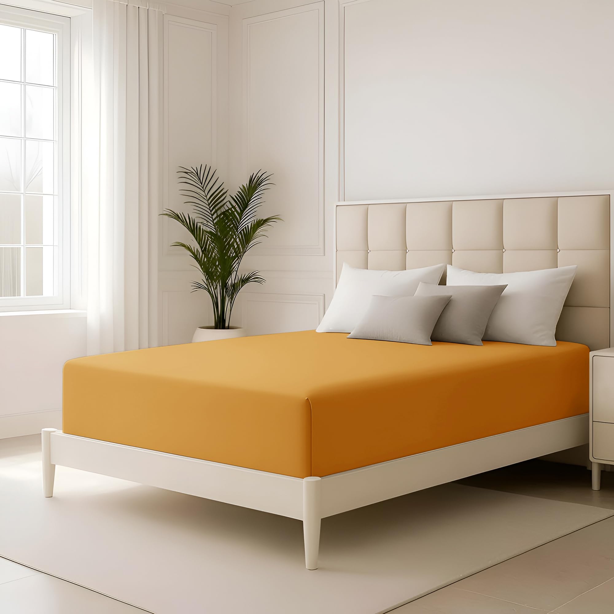 Hafaa King Size Fitted Sheets Deep Fit Ochre 40cm Bed Sheet Soft Brushed Microfiber Fabric, Elastic Corners Breathable Shrinkage Fade Resistant Bedsheets — image 1