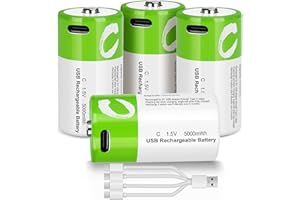 seyyen Lithium Rechargeable C Batteries 4 Pack,5000mWh High Capacity 1.5V Li-ion C Batteries with 4 in 1 USB-C Charge Cable,Long Lasting Batteries C Size(4Pcs)