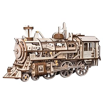 ROBOTIME 3D Assembly Wooden Puzzle Laser-Cut Locomotive Kit Mechanical Gears Toy Brain Teaser Games Best Birthday Gifts for Engineer Husband & Boyfriend & Teen Boys & Adults