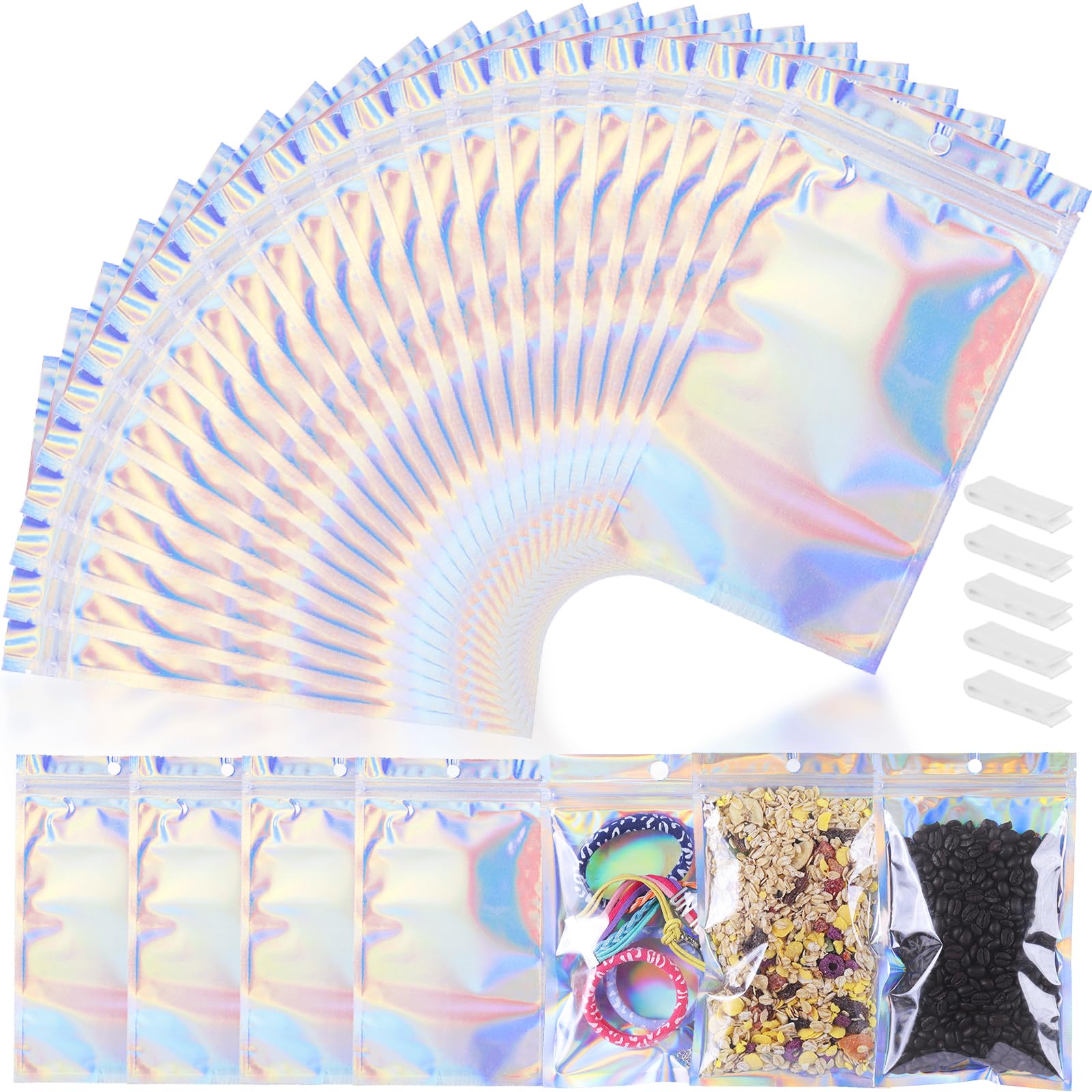 Photo 1 of 200 PCS 5x8 Smell Proof Mylar Bags for Food Storage, Resealable Large Mylar Bags for Kitchen Organization with Clear Window, Holographic Zipper Packaging Bag for Candy, Cookies and Small Jewelry