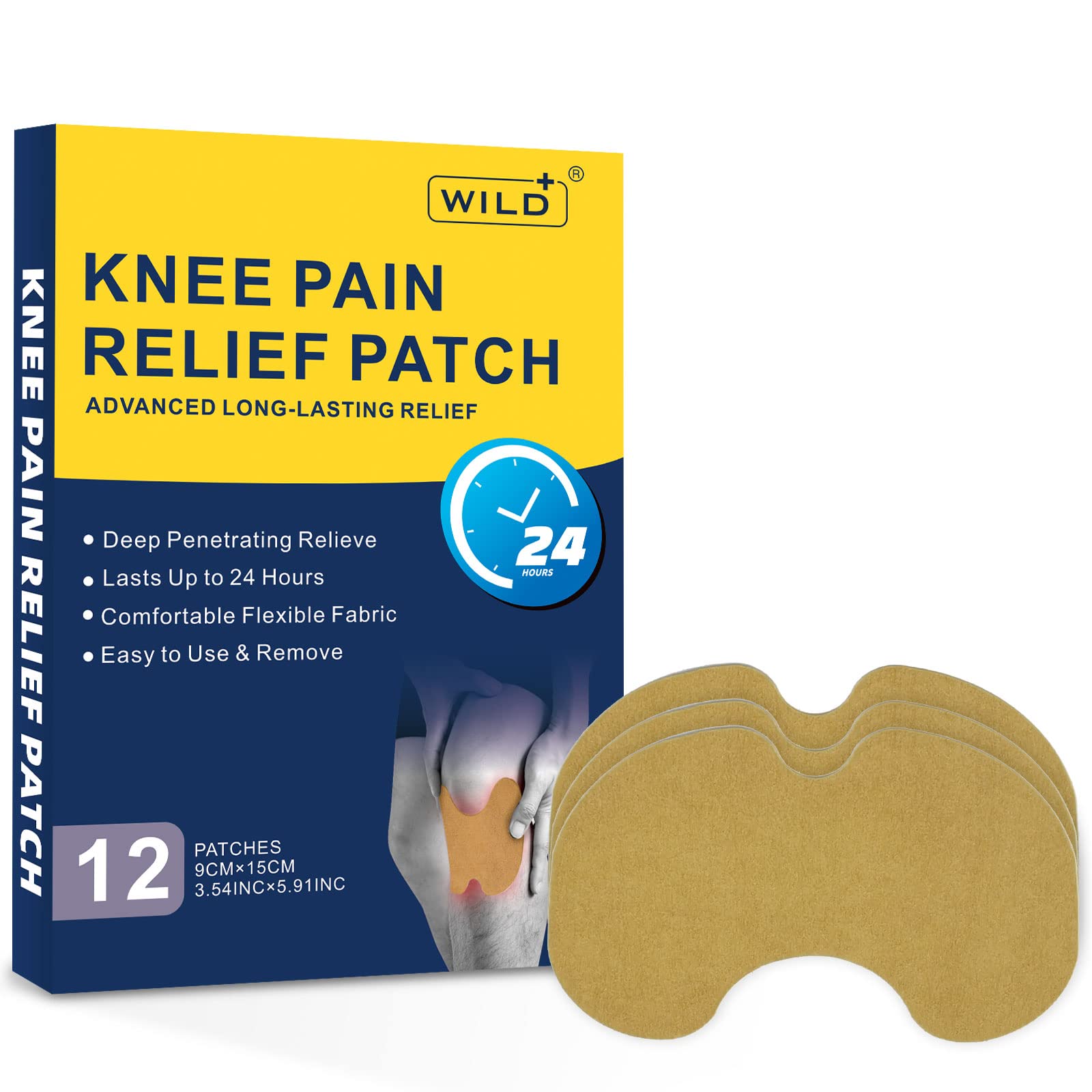 WILD+ Knee Pain Relief Patch, 12PCS Herbal Heat Knee Patches Large Max Strength Heat Pads for Back Pain Relief, Long-Lasting Relief Arthritis Pain Relief Plaster for Back/Neck/Joint/Muscle Pain