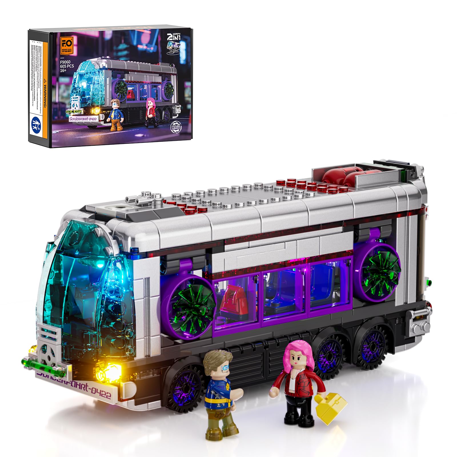 Photo 1 of FUNWHOLE Cyberpunk Future-Bus Lighting-Building-Bricks Set - Cyberpunk City Future Vehicle Collection LED Light 2in1 Car Model Display Set 605 Pcs for Adults and Sci-fi Lovers