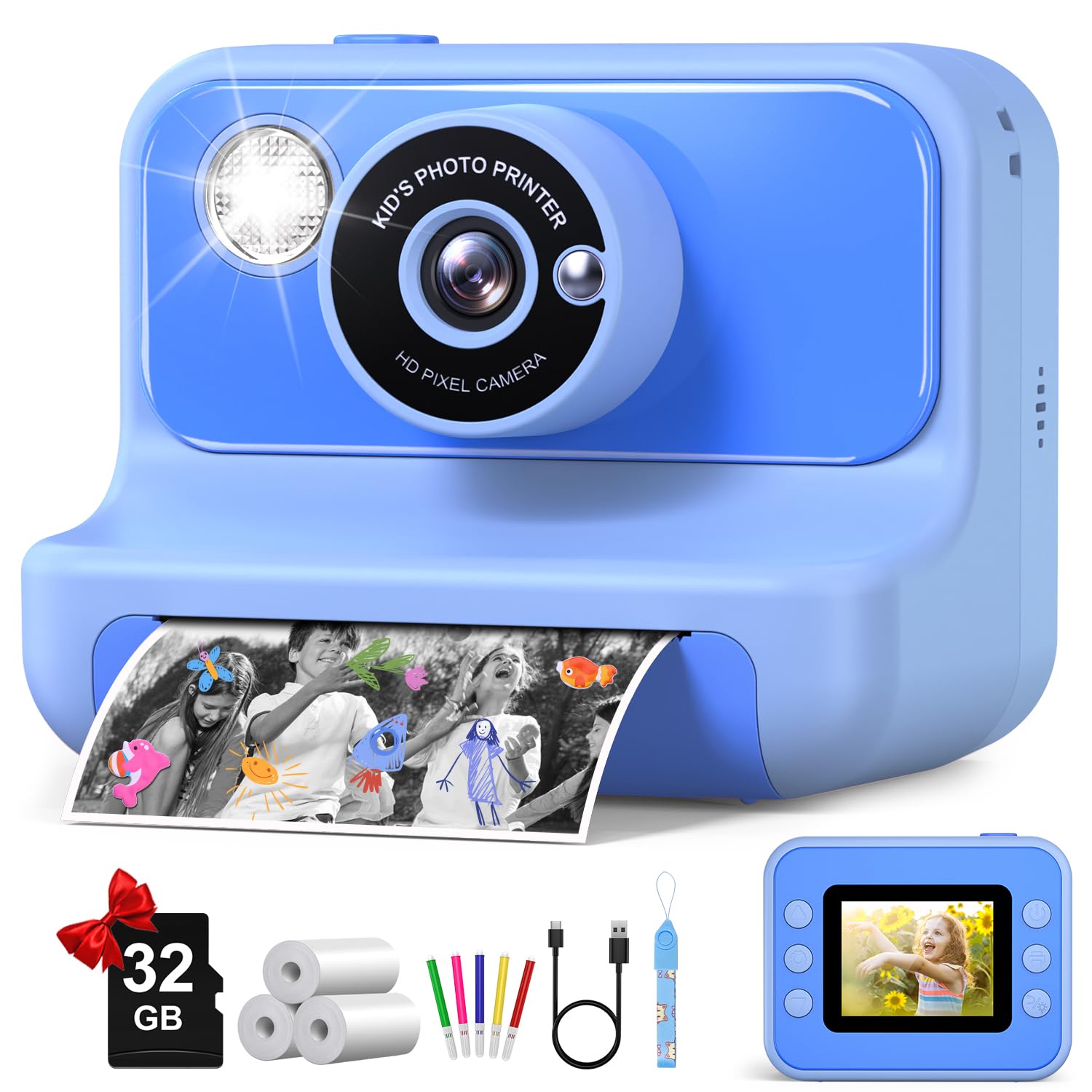 Photo 1 of Kids Camera Instant Print, Christmas Birthday Gifts for Girls and Boys, Kids Camera with 32GB Card, Toddler Toy Camera for 3-12 Years Old, Blue