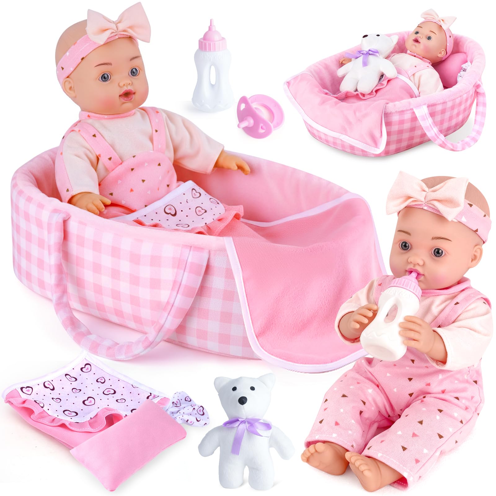 Photo 1 of *ONLY ACCESSORIES, NO BABY DOLL* AuntyFey 12" Baby Doll Set, Baby Doll Bassinet with Accessory for Girl Toddlers 1-3 with Bottle, Teddy Bear, Pillow, Blanket