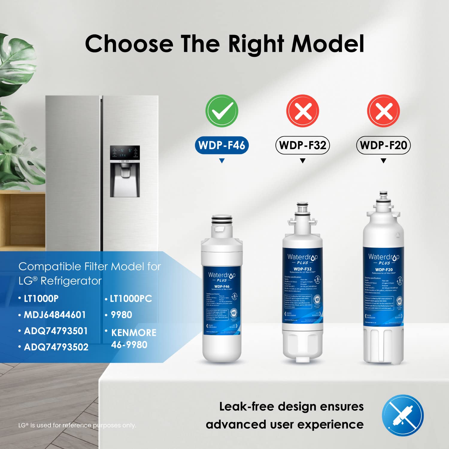 Waterdrop Plus LT1000PC ADQ747935 NSF 401 Refrigerator Water Filter and Air Filter, Reduce PFAS, Replacement for LG® LT1000P®, LRFWS2906V, LRMVS3006S, LMWS27626 and LT120F®, 3 Combo (Package May Vary)
