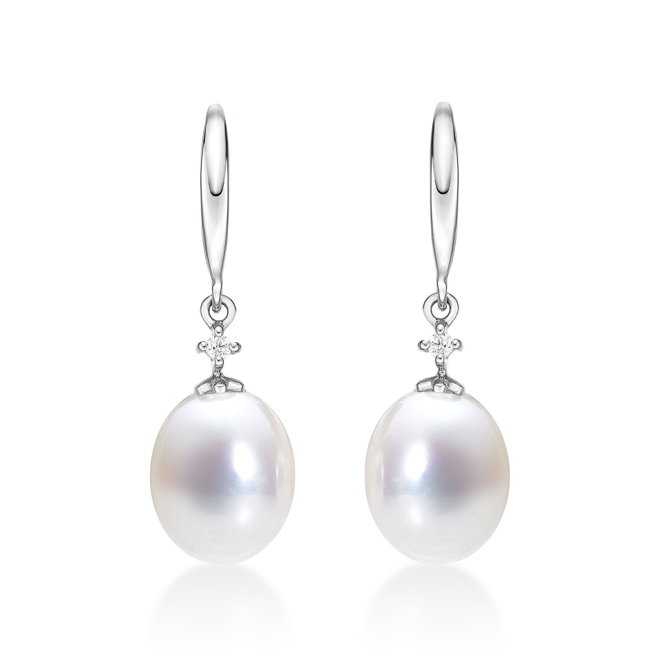 Diamond Treats Lustrous Pearl Drop Earrings, Shiny White Genuine Freshwater Pearls & Sparkling Cubic Zirconia set in 925 Sterling Silver. These Dangling Pearl Earrings are a Lovely Gift for Her