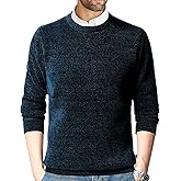 MAVQX Men's Chenille Crewneck Sweater Long Sleeve Regular Fit Knitted Winter Fleece Pullover Warm Fleece Lined Sweatshirts