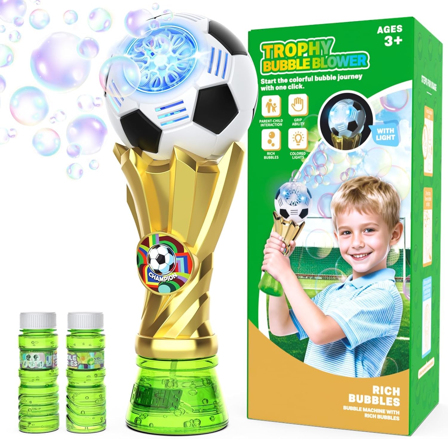 Football Bubble Machine for Kids, Bubble Maker Light Up Automatic Bubble Blower with 2 Bubble Solution, Outdoor Indoor Party Garden Wedding Bubble Blaster Gifts for Boys Girls