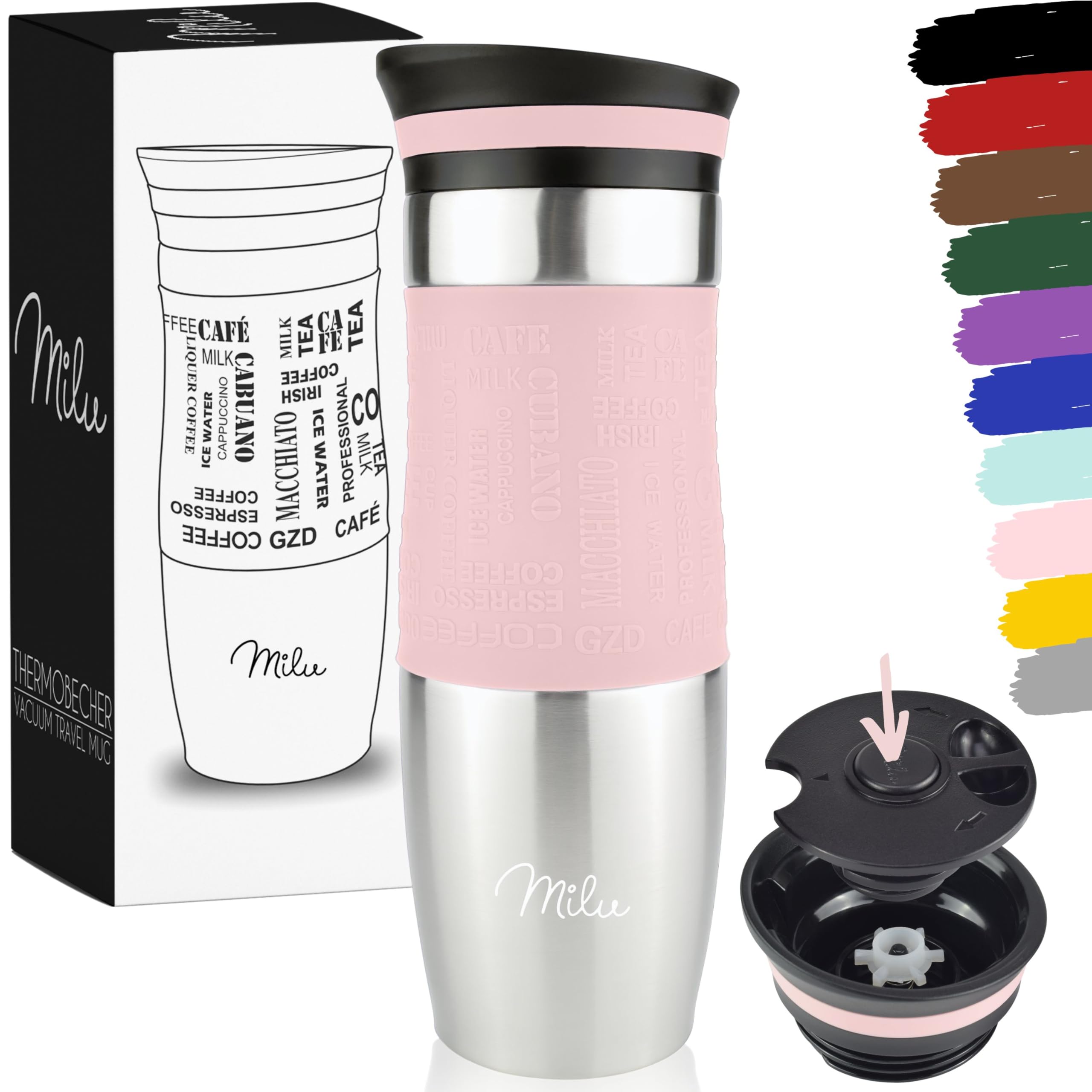 Milu Travel Mug 370ml 450ml - Insulated Coffee Cup to go - 100% Leak Proof - Stainless Steel Drinking Mug - Car Mug Double Wall Insulation Thermo Coffee Flask (Pink, 450ml)