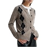 SHENHE Women's Button Up Cardigan Sweater Crew Neck Fall Argyle Sweater Preppy Cardigan