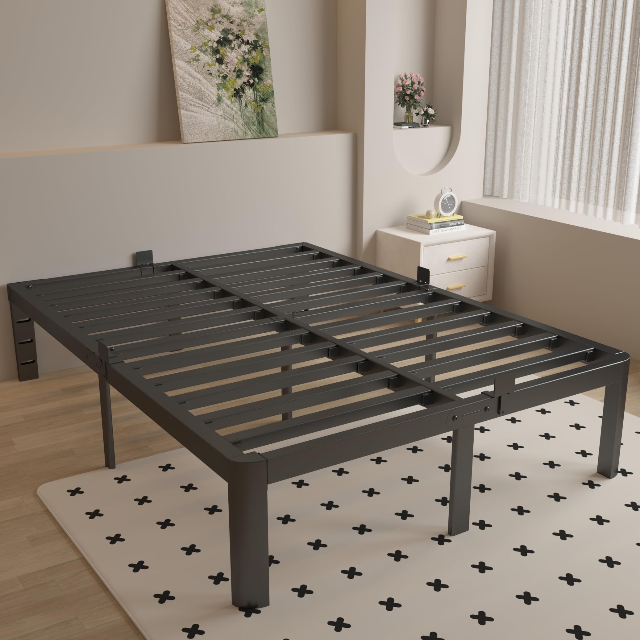 Photo 1 of KOSOSO 16 Inch Bed Frame Queen Size with Metal Gaskets, Black Queen Platform Bed Frame No Box Spring Needed, Heavy Duty Steel Support, Round Corner Design, Storage Space, Noiseless, Easy Assembly