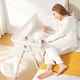 Baby Bassinet Bedside Sleeper Safety Bassinets wigh Crib Sheet and Wheels | Easy to Move, 4 Adjustable Height Bedside Bassinet for Infant Newborn, MinoBub, Cream