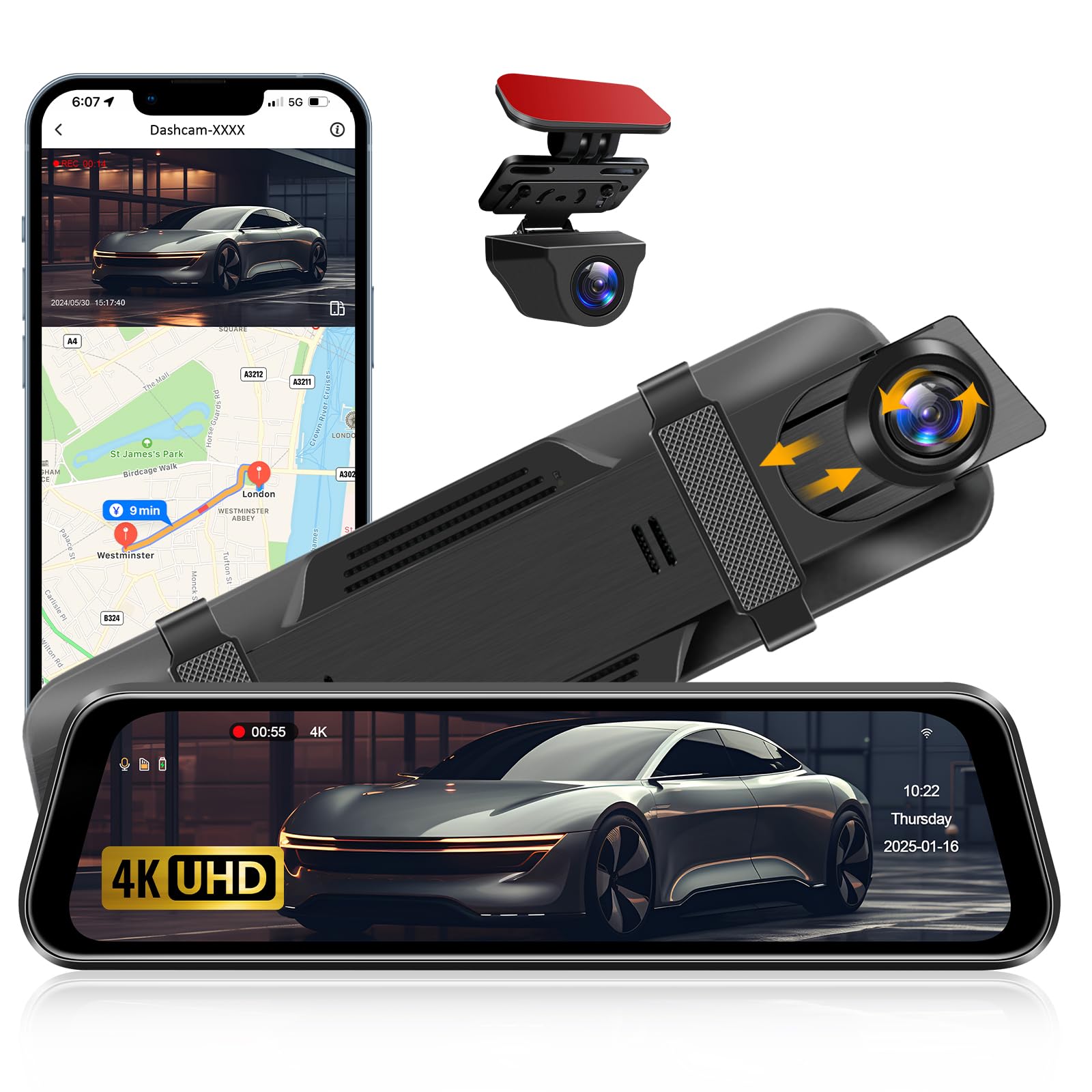 4K Rear View Mirror Dash Cam Front and Rear View Camera 10'' Dash Cam Mirror with Waterproof Reverse Camera WDR Tech Super Night Vision G-Sensor Parking Monitor Wide Angle Dashcam WiFi APP