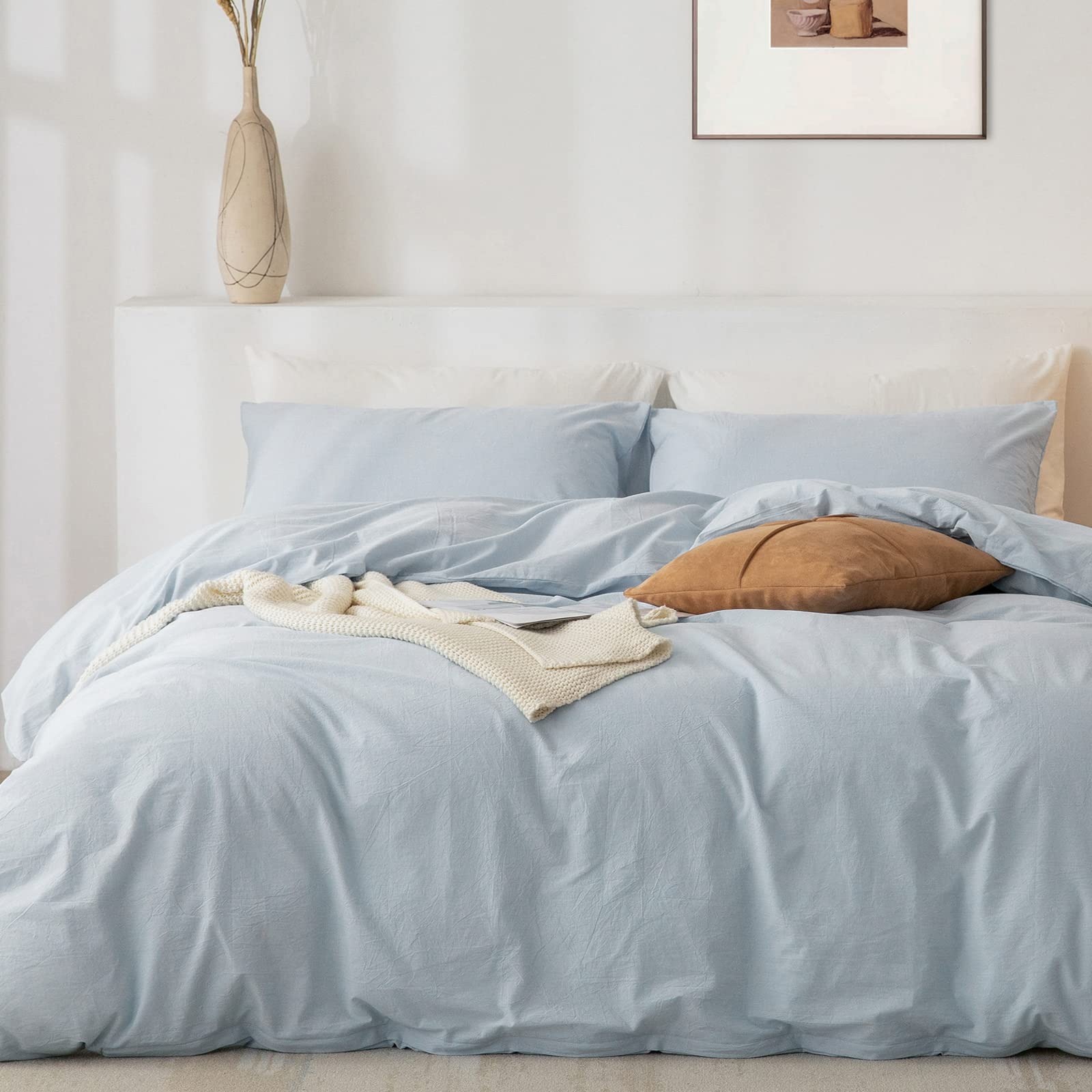 Photo 1 of TIPTOE BEAR Queen Duvet Cover Set- 100% Washed Cotton 3 Pcs Soft Comfy Breathable Chic Linen Feel Bedding, 1 Duvet Cover and 2 Pillow Shams, Baby Blue