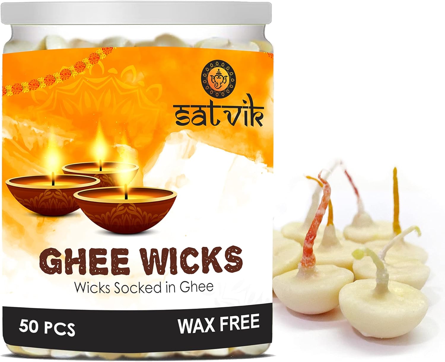 Oil Lamps & Accessories - SATVIK 50 Pc Pure Ghee Wicks for Puja (Upto 30 Mins) Pooja Home and Mandir. Nitya Pujan Readymade Ghee Jyot Jyoti Pujan Indian Housewarming Return Gift Items Accessories. Diwali Cotton Wicks
